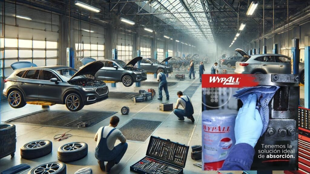 Un taller de reparación de automóviles concurrido con varios vehículos en los que los mecánicos realizan el mantenimiento. En primer plano, un primer plano de una mano que utiliza un paño de limpieza WypAll. La durabilidad confiable de WypAll se refleja en el texto en español: "Tenemos la solución ideal de absorción".