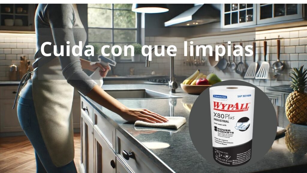 Una persona limpia la encimera de la cocina con un paño, recordándonos que hay que "cuidarse con lo que se limpia". En el interior se muestra un rollo de papel de cocina industrial WypAll X80 Plus, perfecto para esta tarea. La cocina cuenta con una decoración moderna con utensilios y recipientes elegantes.