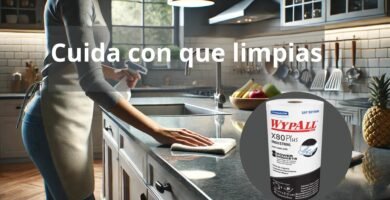 Una persona limpia la encimera de la cocina con un paño, recordándonos que hay que "cuidarse con lo que se limpia". En el interior se muestra un rollo de papel de cocina industrial WypAll X80 Plus, perfecto para esta tarea. La cocina cuenta con una decoración moderna con utensilios y recipientes elegantes.