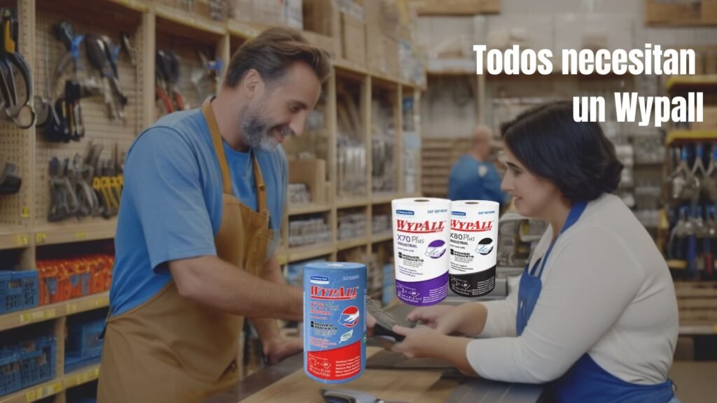 Un hombre y una mujer con delantales trabajan en una ferretería. El hombre sonríe mientras la mujer procesa una compra. A la derecha, varias imágenes de productos Wypall destacan el lema "Todos necesitan un Wypall", que enfatiza su papel esencial en cualquier kit de herramientas.