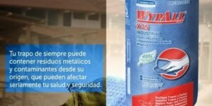 Un anuncio de los paños industriales WypAll X75-60 muestra un rollo de paños azules que destacan sus beneficios para la salud y la seguridad. Compara un paño sucio con uno limpio y advierte sobre los residuos metálicos y contaminantes, lo que garantiza que su espacio de trabajo se mantenga impecable y seguro.