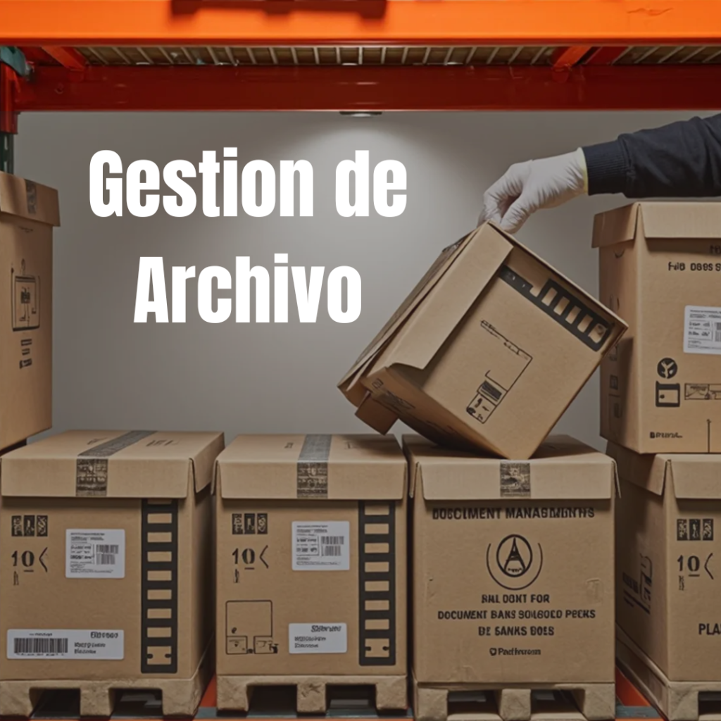 Una persona con guantes organiza cajas de archivo en un estante bajo el texto Gestión de Archivo. Las cajas están etiquetadas con símbolos de almacenamiento y gestión de documentos, lo que garantiza una organización eficiente y una fácil recuperación de documentos importantes.