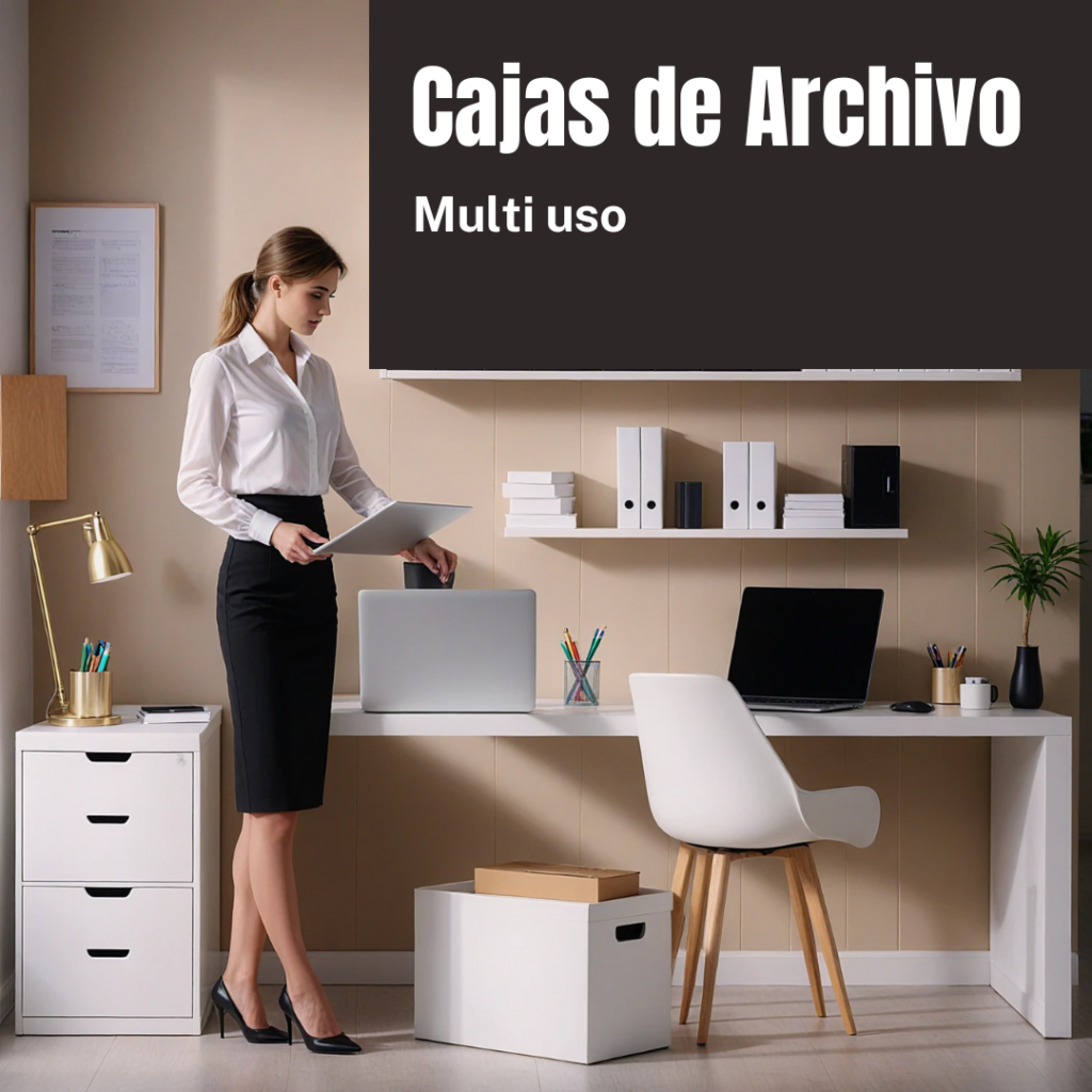 Una mujer en una oficina organiza documentos junto a un escritorio moderno con una computadora portátil y cajas de almacenamiento. Estantes con libros y plantas adornan la pared. El texto dice "Cajas de Archivo Multiuso", lo que enfatiza la versatilidad de las cajas de archivo para una organización eficiente y elegante.