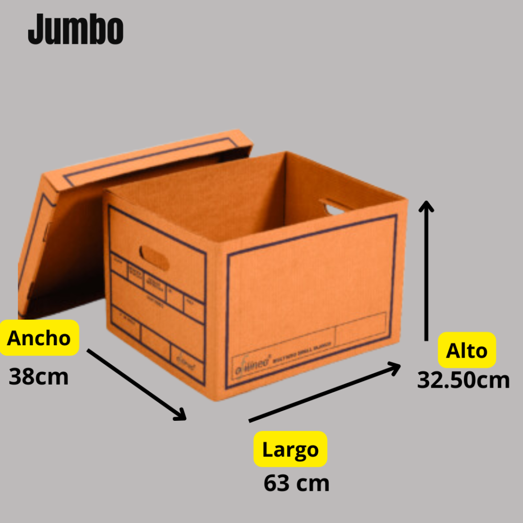 Ilustración de una caja de archivo definitivo sin tapa, con medidas: ancho 38 cm, largo 63 cm y alto 32,5 cm.  Caja de archivo Jumbo