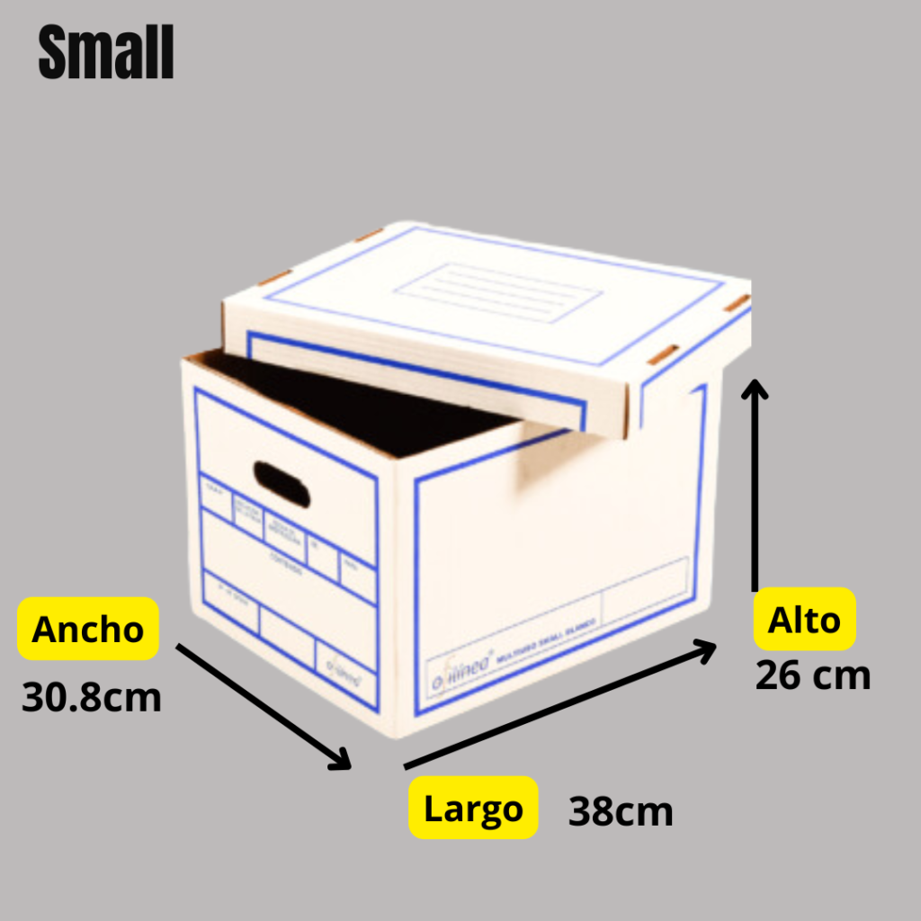 Se muestra una pequeña caja de archivo definitiva de color blanco con contornos azules sobre un fondo gris. La caja tiene las siguientes dimensiones: 30,8 cm de ancho, 38 cm de largo y 26 cm de alto. La tapa está parcialmente abierta.  Caja de Archivo Small