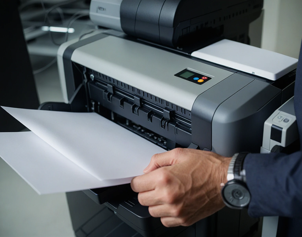 Una persona que lleva un reloj inserta una hoja de papel para fotocopias Chamex en una impresora moderna de gran tamaño con pantalla digital. El entorno de la oficina en Santa Cruz, Bolivia, resalta la acción precisa de colocar el papel.