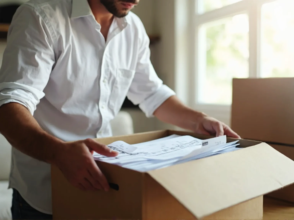 Un hombre con camisa blanca abre una caja de archivo definitivo, comprada en MotoOffice llena de papeles en una habitación soleada. Parece concentrado en ordenar los documentos. Los grandes ventanales del fondo dejan entrar la luz natural, creando un ambiente luminoso.