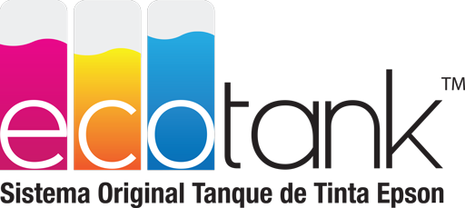 Logotipo de Ecotank con tres depósitos de tinta verticales en magenta, amarillo y cian. Texto debajo: Sistema Original Tanque de Tinta Epson en español.